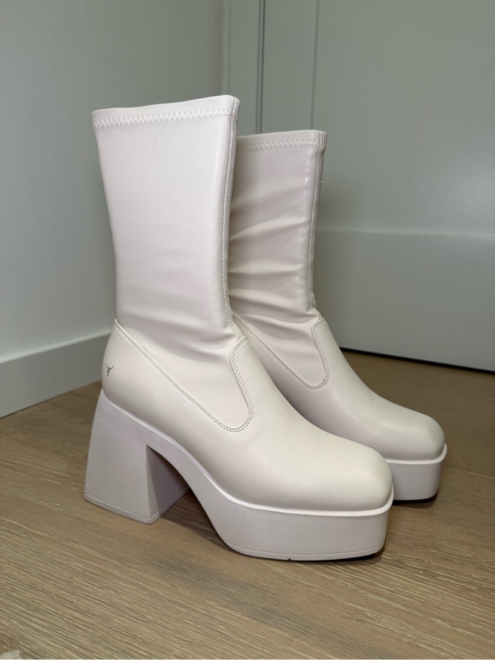 Windsor Smith Cream White Platform Block Heel Mid-Calf Boots